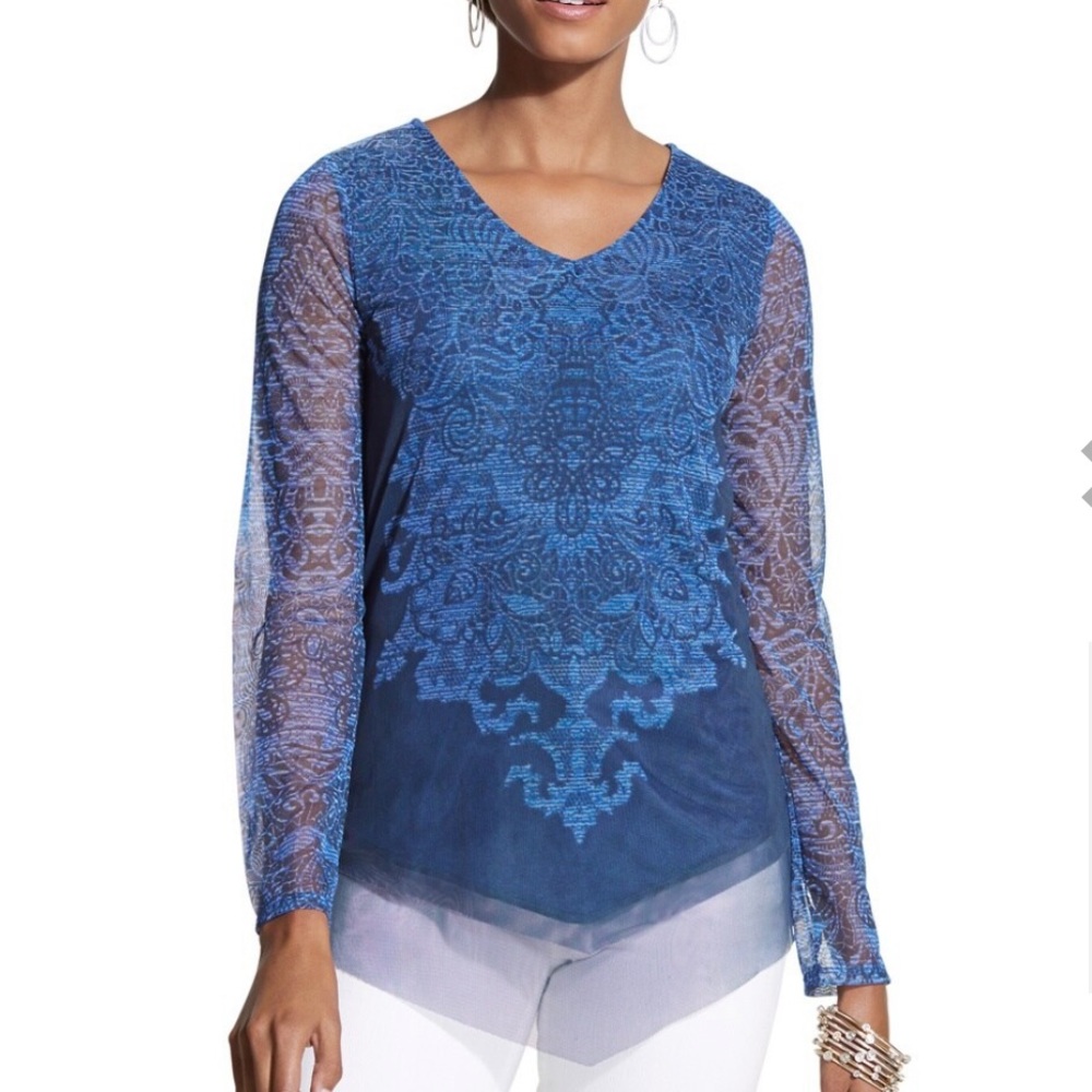 Chico’s NWT Twilight Blue Textured Lace Double Layer Long Sleeve Top Size 3 = 16